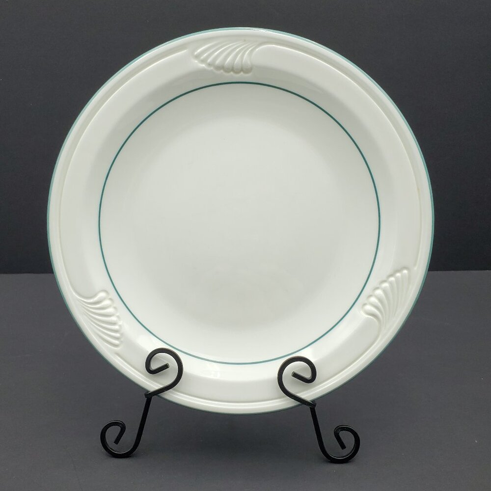 SET OF 3 Corning Pyroceram Tableware White Lunch Plates Teal Band Embossed Rim